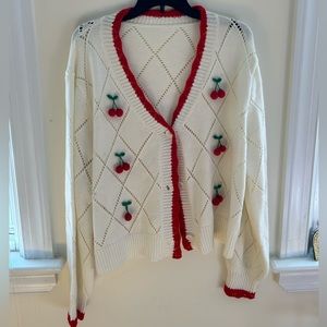 SHEIN PLUS SIZE Sweet Cherry White with Red Trim Knit Cardigan Sweater